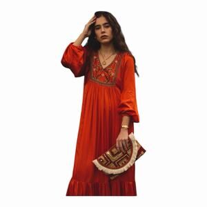 Ex Voto Hazel Maxi Dress V-Neck Long Sleeve Chili Orange Women's Size Large NWT